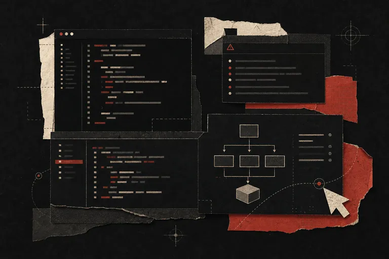 Abstract developer-tool forms and signal paths on a dark field