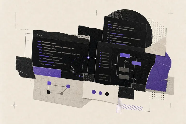 Paper collage of layered developer-tool components and branching paths