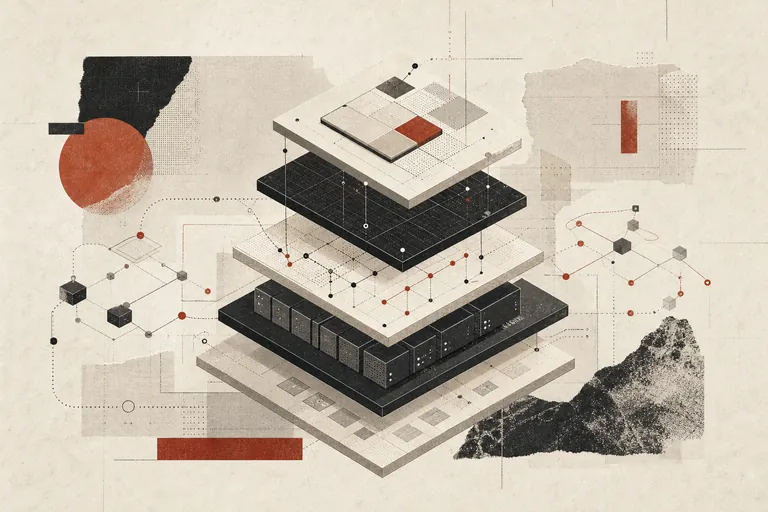 Paper collage of abstract infrastructure structures and signal paths