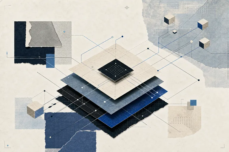 Paper collage of layered infrastructure components and branching paths