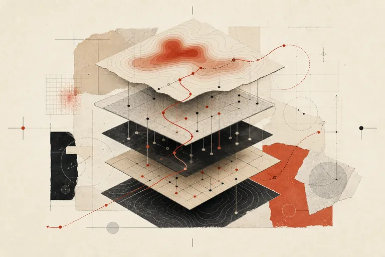 Paper collage of abstract model structures and signal paths