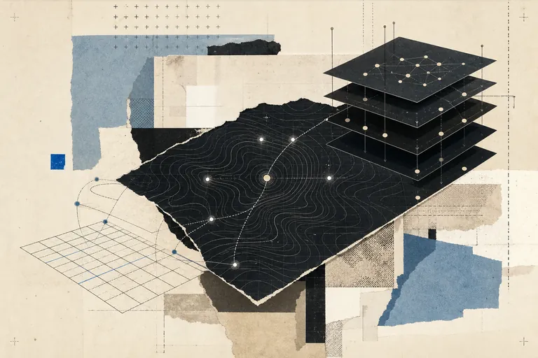 Paper collage of layered model components and branching paths