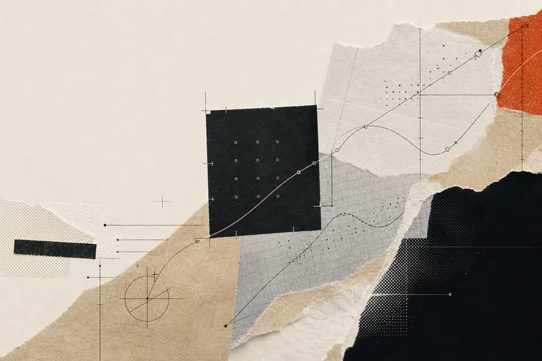 Paper collage of layered research components and branching paths